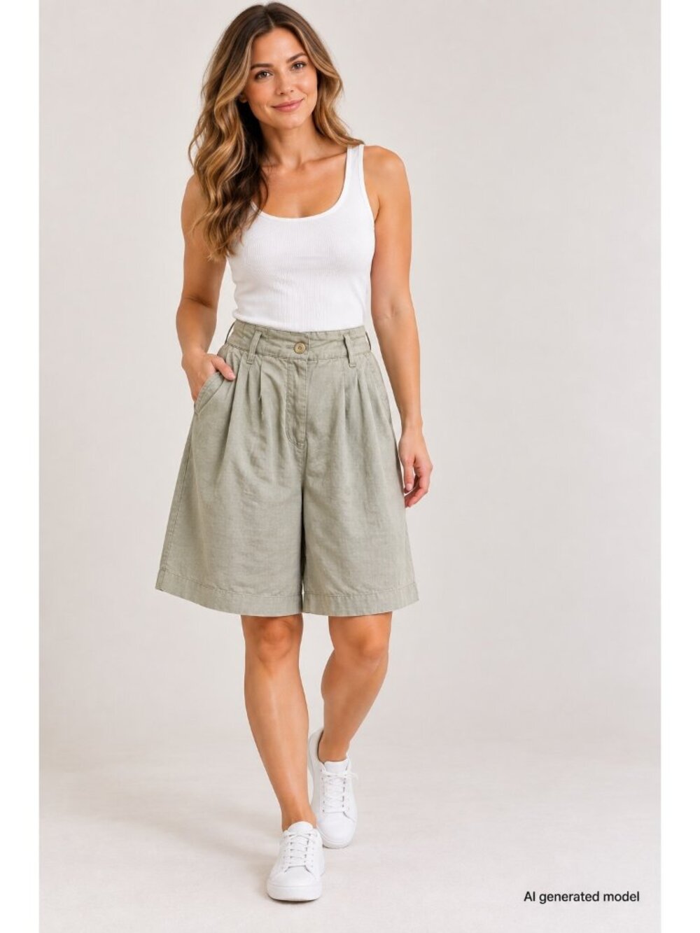 Basic Editions Womens Linen-Blend Pleated Bermuda Shorts Khaki Size 29 Waist Vin